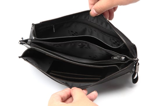 Hautton Leather Black Wrist Bag 8.0" Central Zip Compartment Removeable Strap
