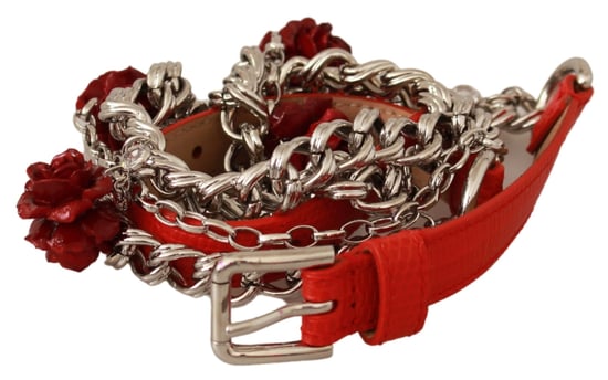 Dolce & Gabbana Women's Red Leather Roses Floral Silver Waist Belt (Ceinture en cuir rouge à fleurs) - Image 2