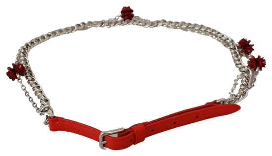 Dolce & Gabbana Women's Red Leather Roses Floral Silver Waist Belt (Ceinture en cuir rouge à fleurs) - Image 3