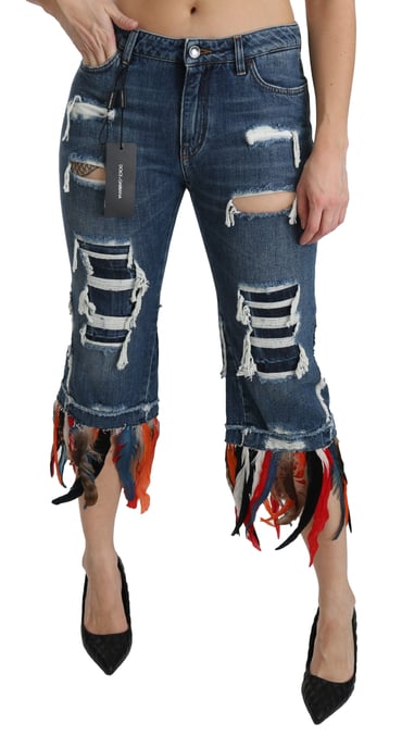 Dolce & Gabbana - Kurze, tief sitzende Baumwolljeans mit blauem Federmuster für Damen - Image 1
