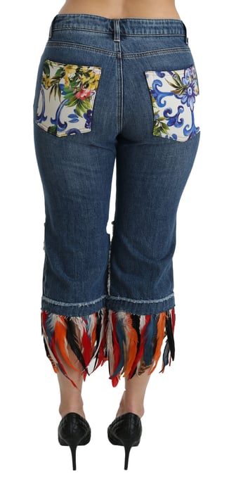 Dolce & Gabbana - Kurze, tief sitzende Baumwolljeans mit blauem Federmuster für Damen - Image 2