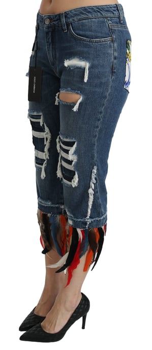 Dolce & Gabbana - Kurze, tief sitzende Baumwolljeans mit blauem Federmuster für Damen - Image 4