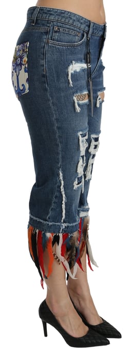 Dolce & Gabbana - Kurze, tief sitzende Baumwolljeans mit blauem Federmuster für Damen - Image 3