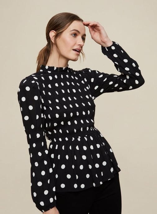 Dorothy Perkins Womens Black Spot Crinkle Shirred Body Top Long Sleeve Blouse
