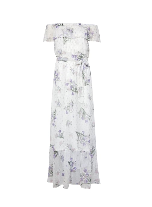 Dorothy Perkins Womens White Chiffon Print Bardot Maxi Dress Short Sleeve