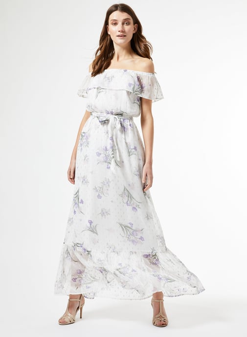 Dorothy Perkins Womens White Chiffon Print Bardot Maxi Dress Short Sleeve