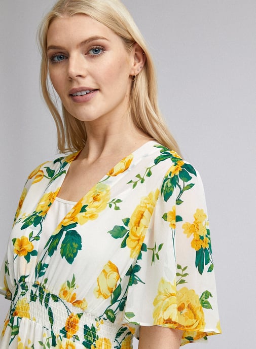 Dorothy Perkins Womens Yellow Floral Print Midi Short Sleeve V Neck Dress