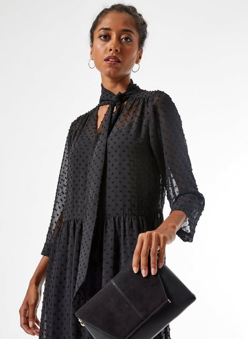 Dorothy Perkins Womens Petite Black Dobby Shirt Dress Tie Neck