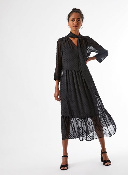 Dorothy Perkins Womens Petite Black Dobby Shirt Dress Tie Neck