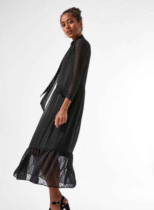 Dorothy Perkins Womens Petite Black Dobby Shirt Dress Tie Neck