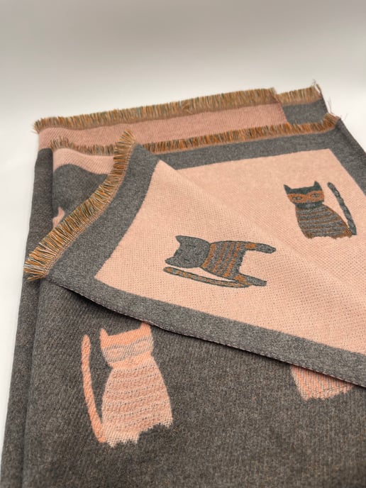 Cat Printed Scarf in Pink & Grey - Wool Blend