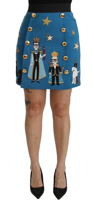 Dolce & Gabbana - Mini-jupe en laine bleue à taille haute avec ornements pour femme - Image 1
