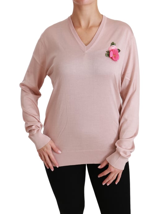 Dolce & Gabbana Women's Pink Floral Embellished Pullover Silk Sweater - Image 6