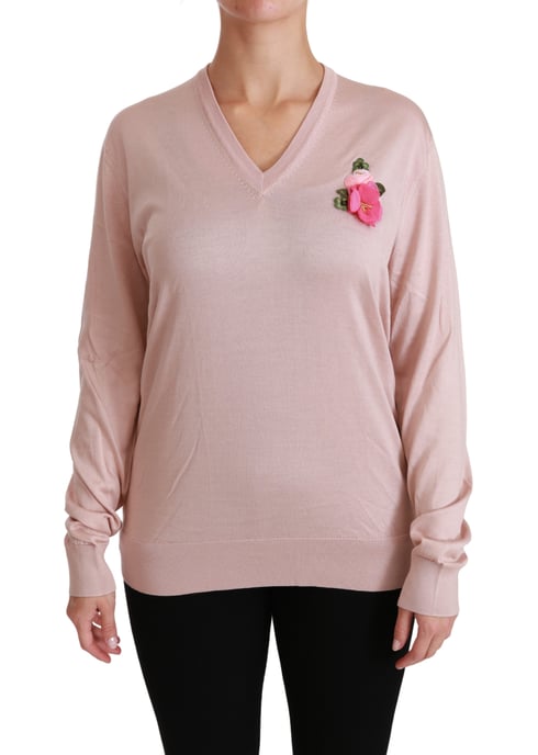 Dolce & Gabbana Women's Pink Floral Embellished Pullover Silk Sweater - Image 1