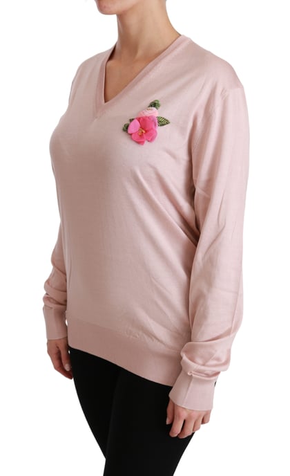 Dolce & Gabbana Women's Pink Floral Embellished Pullover Silk Sweater - Image 3