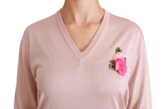 Dolce & Gabbana Women's Pink Floral Embellished Pullover Silk Sweater - Image 5