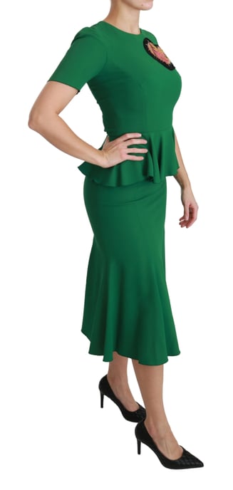 Dolce & Gabbana Women's Green Heart Patch Mermaid Midi Viscose Dress - Image 2