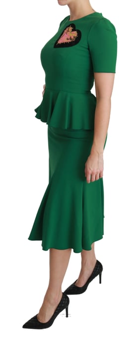 Dolce & Gabbana Women's Green Heart Patch Mermaid Midi Viscose Dress - Image 3