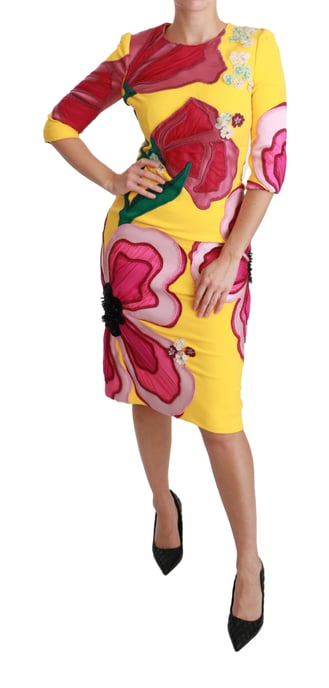 Dolce & Gabbana Women's Yellow Floral Crystal Bodycon Sheath Dress (robe fourreau) - Image 6