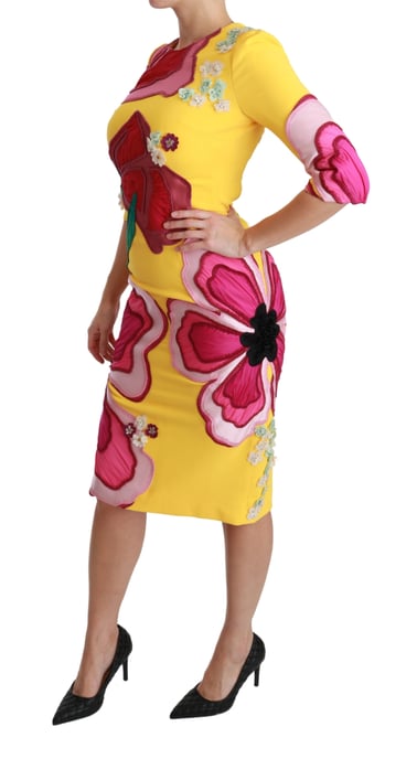 Dolce & Gabbana Women's Yellow Floral Crystal Bodycon Sheath Dress (robe fourreau) - Image 3