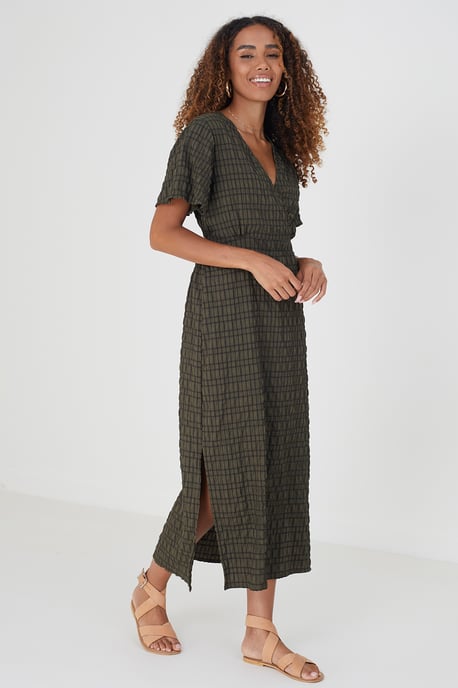 Khaki 'Sherry' V-Neck Midi Dress