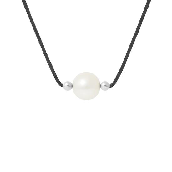 Collier Perle d'Eau Douce Ronde 9-10 mm Blanche Nylon Noir Argent 925 - Image 1