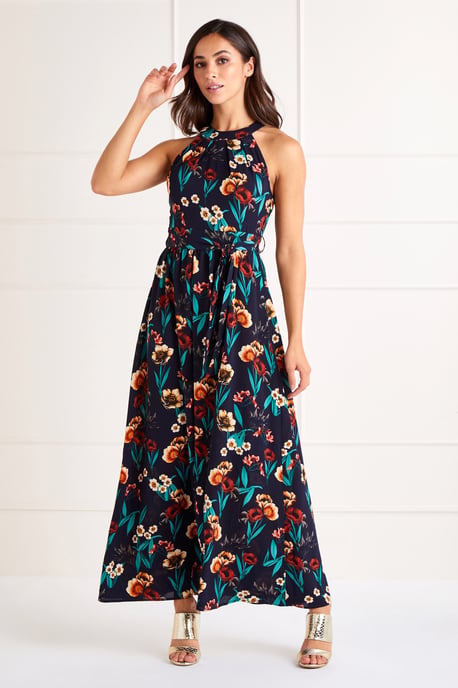 Black Poppy Print High Neck Maxi Dress