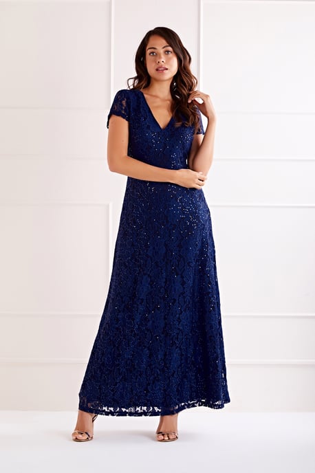 Navy Embellished  V Neck Lace Maxi Dress