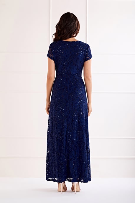 Navy Embellished  V Neck Lace Maxi Dress
