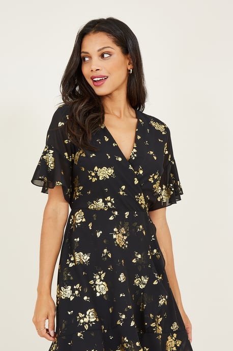 Yumi Rose Foil Printed Wrap Front Skater Dress