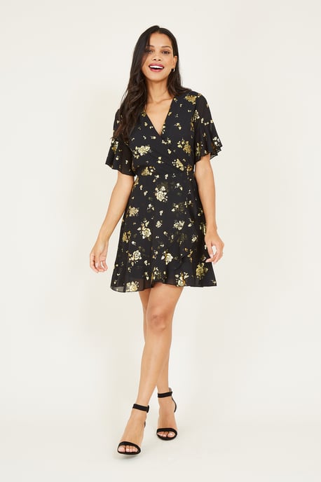Yumi Rose Foil Printed Wrap Front Skater Dress