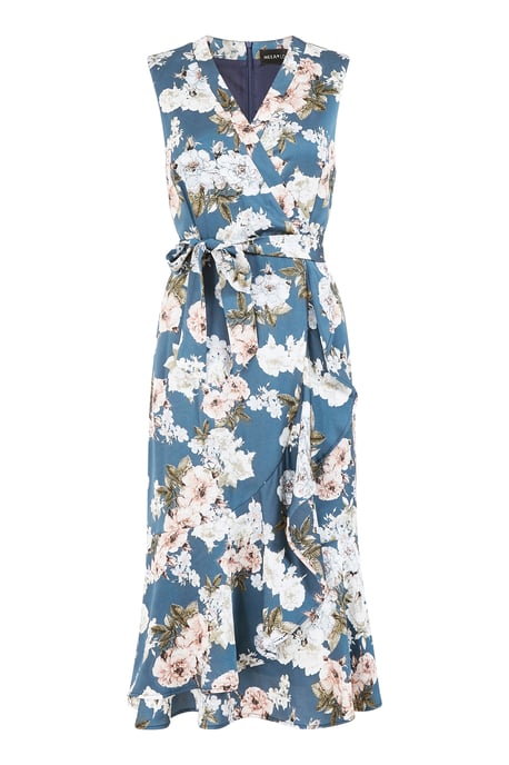 Robe mi-longue portefeuille en satin à fleurs Mela - Image 3