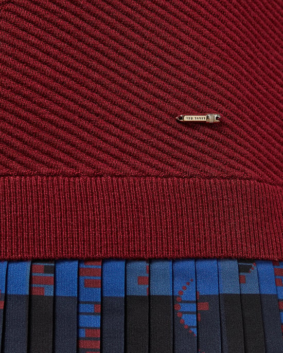 Ted Baker Paraz Cabin Knit Woven Robot Check Dress in Dark Red