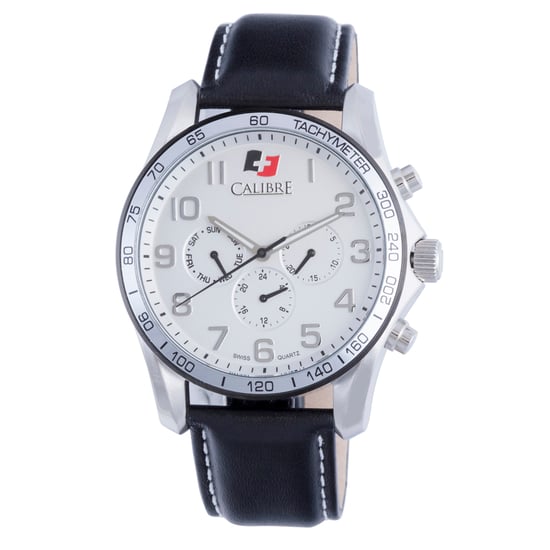 Calibre Herrenuhr Buffalo Swiss Made Uhrwerk Schwarzes Leder Kalbsleder Silbernes Zifferblatt - Image 1