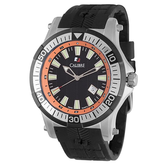 Calibre Men's Hawk Date Swiss Made Movement Watch Black Rubber Strap Black/Orange Dial