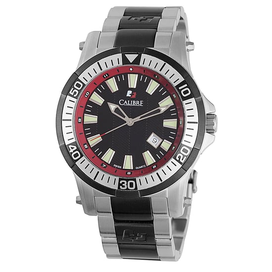 Calibre Herren Hawk Datum Swiss Made Bewegung Uhr Silber Edelstahlband schwarzes Zifferblatt - Image 1