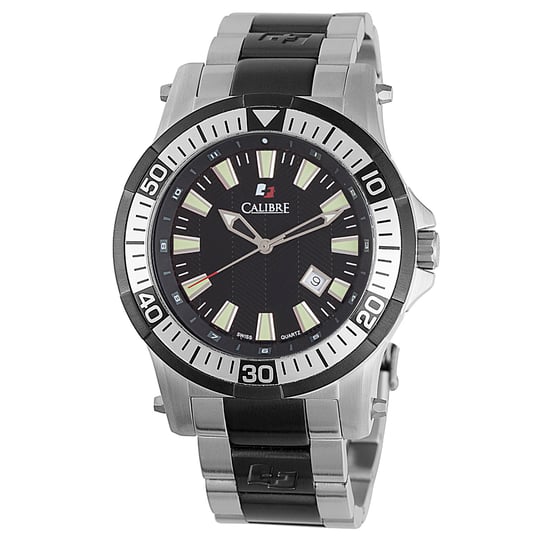 Calibre Herren Hawk Datum Swiss Made Bewegung Uhr Silber Edelstahlband schwarzes Zifferblatt - Image 1