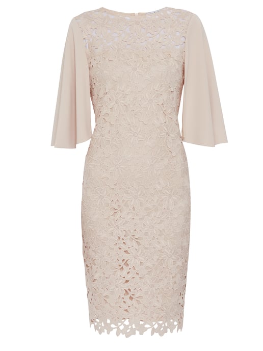 Gina Bacconi Beth Guipure Dress with Cape Sleeves in Pink