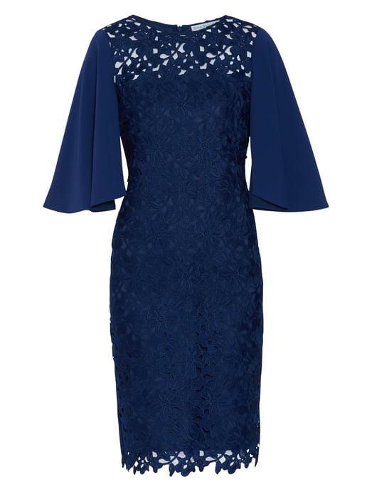 Gina Bacconi Beth Guipure  Dress with Cape Sleeves in Navy