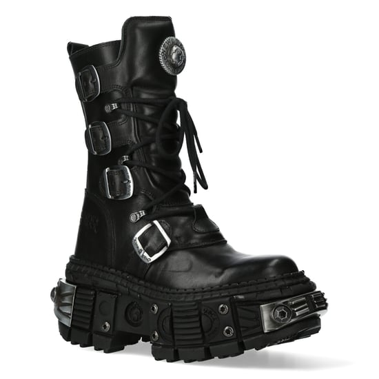 New Rock Black Mid Calf Leather Goth  Boots-WALL1473-S11