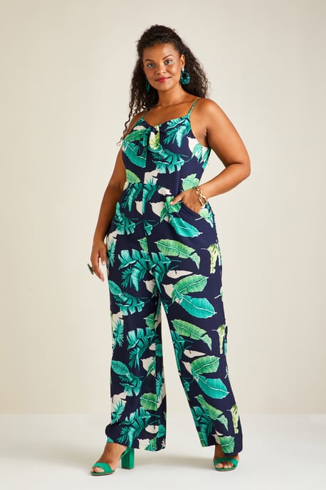 Tropical Palm Print Tie Knot Jumpsuit