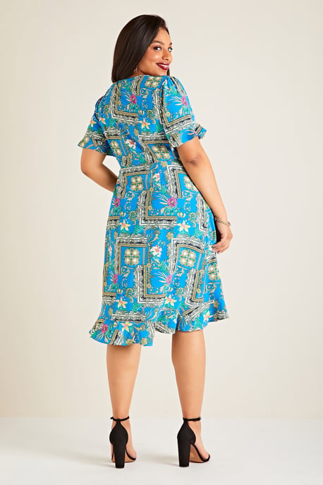 Blue Plus Size Flower Scarf Print Wrap Dress With Frill