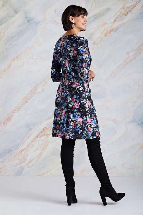 Black Midnight Daisy Print Wrap Dress