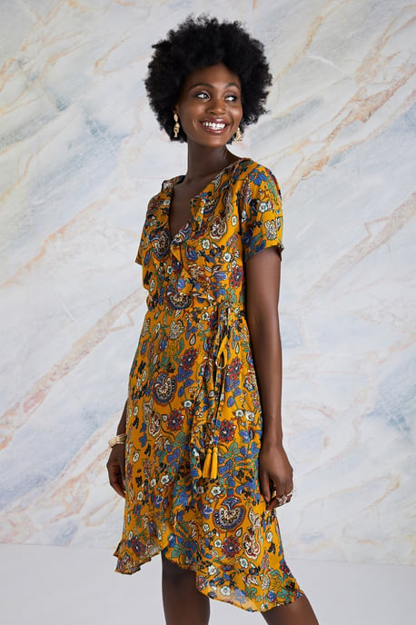 Mustard Indian Chintz Floral Wrap Dress