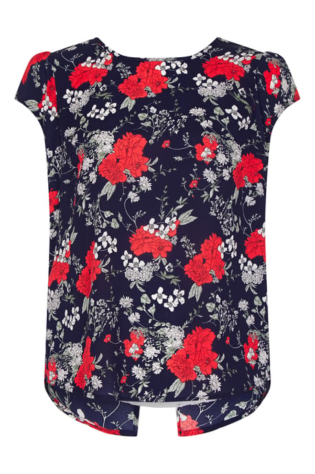 Navy Poppy Print Lace Back Top