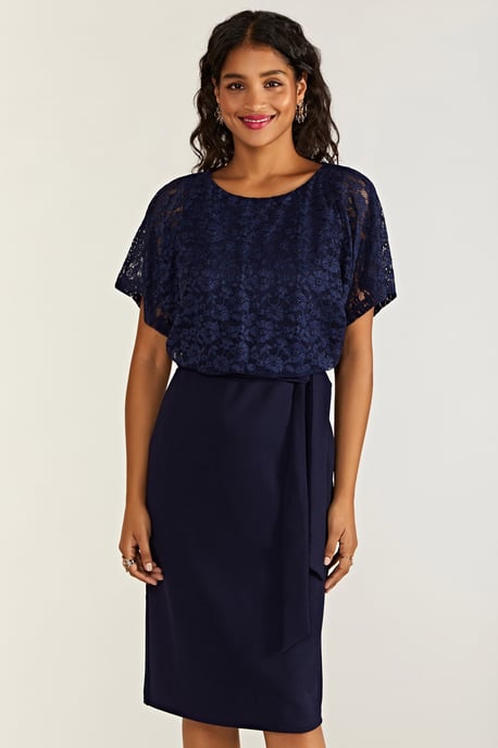 Navy Lace And Ponte Dress With Kimono Sleeves