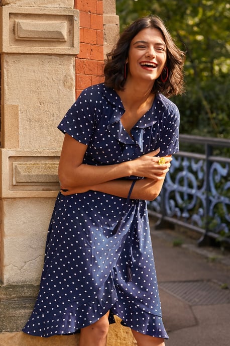 Navy Spot Print Wrap Dress