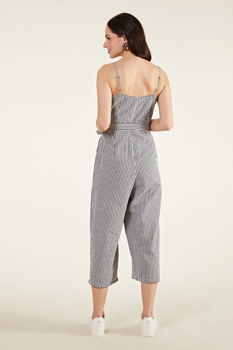 Gingham Cotton Jumpsuit With Button Deta