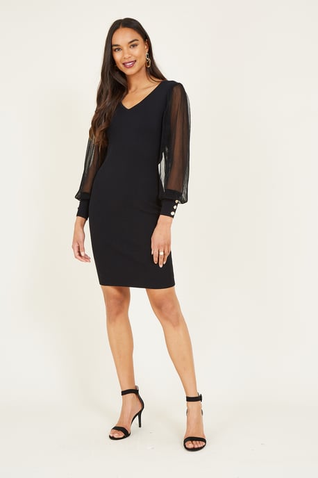 Yumi Black Knitted Body Con Dress With Chiffon