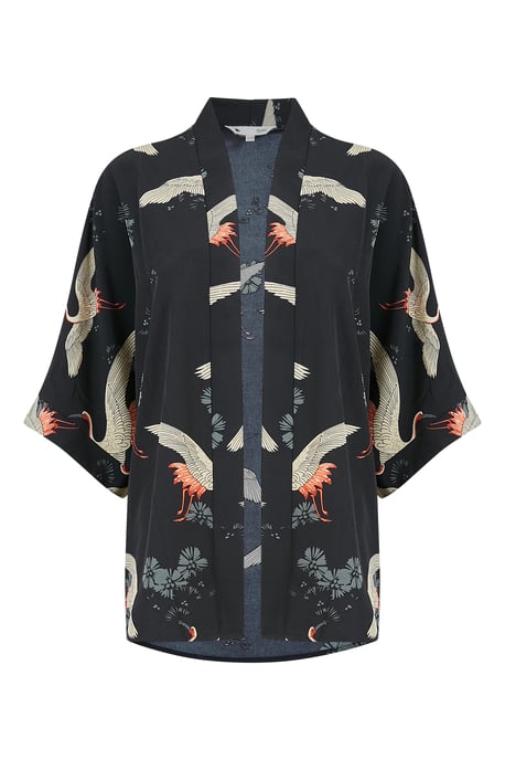 Yumi Black Crane Print Kimono